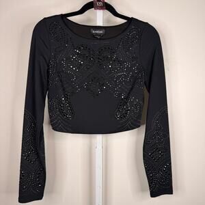 #131 BEBE Sz. M PTP 17" Black Beaded Cropped Top NWT